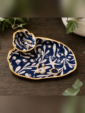 Decorative Blue & White Trinket Dishes With Gold Trim - Set of 2
